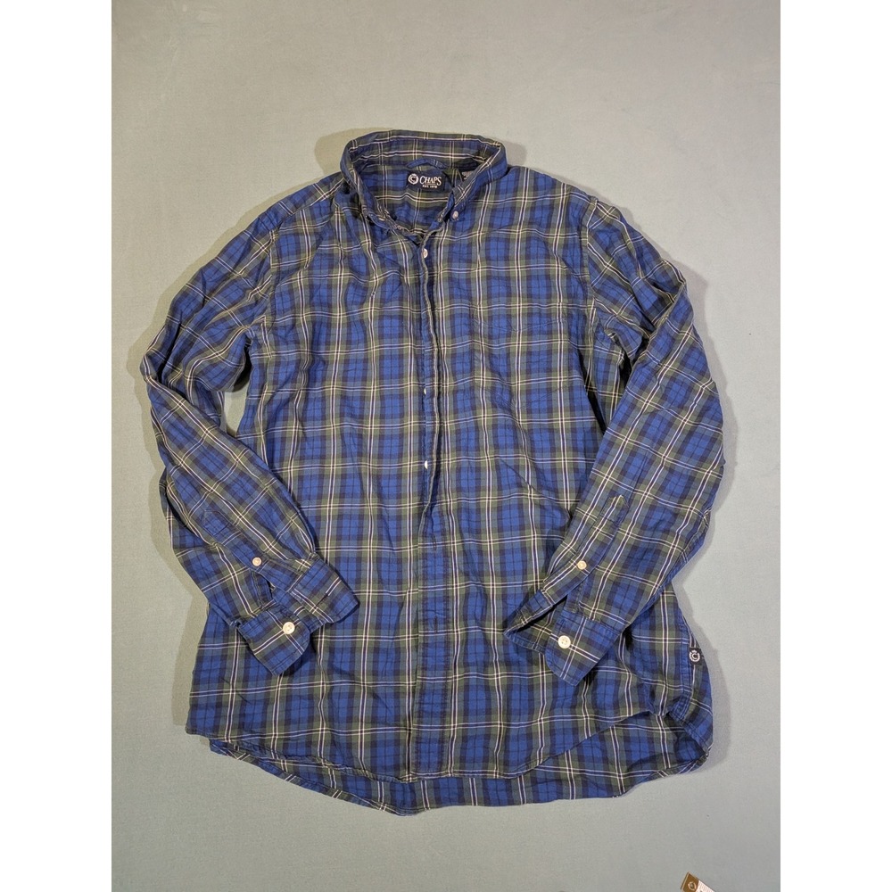 Chaps Mens Blue Green Plaid Long Sleeve Button Down Cotton Shirt Medium